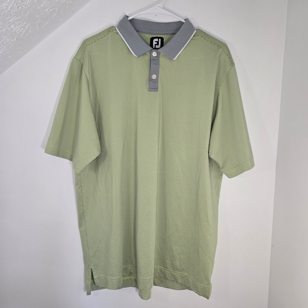FootJoy Mens Golf Polo Shirt Large Lime Green Grey Striped Stonebridge Logo FJ